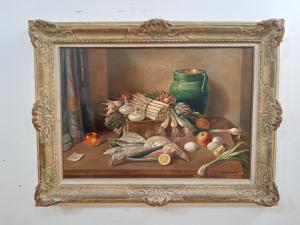 Großes Ölgemälde Stillleben mit Fisch und Gemüse - A. Graziani - Anfang 1900