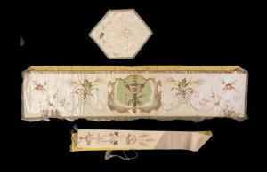 Sacred priestly vestments: humeral veil-stole-ostensorium cover in embroidered silk with floral decorations and painted central subjects.