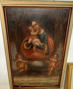 Dipinto del 1700 francese Olio su tavola "Madonna con bambino Gesù e cherubini" 