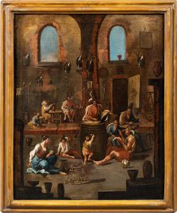 Attributed to Alessandro Magnasco (Genoa 1667 - 1749) - Tavern scene with a seller and a magpie.