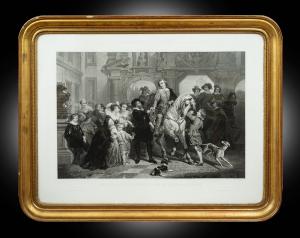 Antique print depicting Van Dyck saying goodbye to Rubens before going to Italy. France, 19th century.