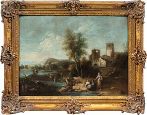Giuseppe Zais (Forno di Canale 1709 - Treviso 1784) - Paesaggio con pastorelle e paese sullo sfondo.