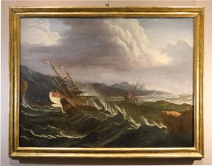 Marina in tempesta con vascelli, Matthieu Van Plattenberg (Anversa 1608 - Parigi 1660) bottega di