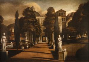 Veduta di una villa con giardino all'italiana, Isaac de Moucheron (Amsterdam 1667 - 1744) bottega