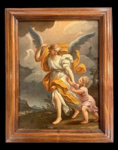 Dipinto olio su tela raffigurante Angelo custode con bimbo. 