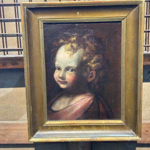 Antico dipinto olio su tela volto  Angelo -  Putto del XVII sec con cornice dorata  . Mis 38 x 31 