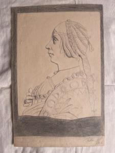 Desenho a lápis sobre papel com perfil de mulher renascentista. Assinatura F.Pietra 1906.
