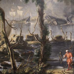 Flämisches Gemälde aus dem 17. Jahrhundert, große Landschaft mit Segelschiffen - Foto 5