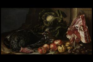 Bartolomeo Arbotori (Piacenza, 1594 - 1676) Natureza morta com frutas, vegetais e peru