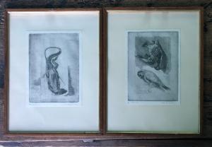 Coppia di incisioni raffiguranti: passero morto e ramarro sotto formalina.Autore: Nemesio Orsatti.Ferrara 1912-1988