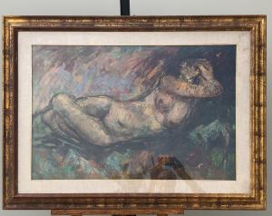 Oil painting on canvas depicting a female nude signed.
