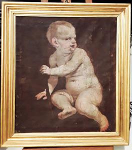 Interessante Studie eines Putto aus der ersten Hälfte des 17. Jahrhunderts auf Originalleinwand.