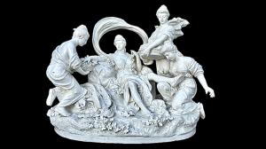 Grande gruppo scultoreo in terraglia con figura mitologica di Diana cacciatrice con ancelle.Nove di Bassano.