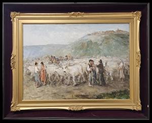 Öl auf Leinwand von Gaetano Bocchetti (1888-1990), Darstellung einer Weide mit Figuren