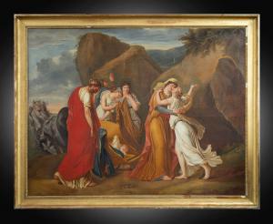 Dipinto antico Neoclassico olio su tela raffigurante Psiche che saluta la sua famiglia. Francia inizio XIX secolo.
