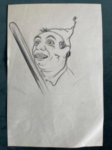 Pencil drawing on paper, character with stick.