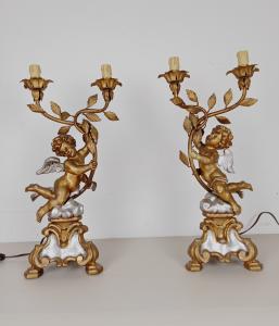 Paar Lampen mit Putten/Engeln aus vergoldetem und versilbertem Holz - Kerzenständer - frühes 20. Jahrhundert