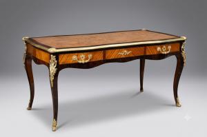Antique French Napoleon III desk in precious exotic wood with gilded bronze elements. France, 19th century.