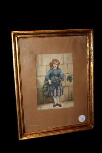 Pequena impressão colorida de 1800 retratando uma menina com uma cesta de flores.