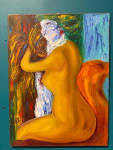 Gianfranco Zaccagnino, oil on canvas, modern art, "Woman drying her hair", 80x60cm