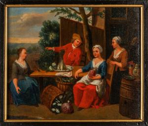 Scena conviviale, scuola fiamminga secolo XVIII, olio su tavola