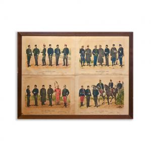 Military uniforms, color lithographic prints, Early 1900s