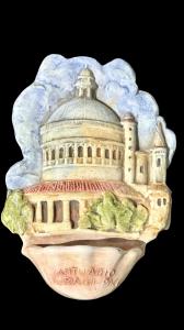 Majolica holy water font depicting the Sanctuary of Santa Maria della Pace in Verona.