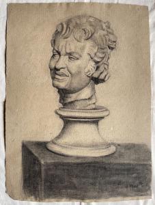 Desenho a carvão sobre cartão representando um busto viril de mármore. Arturo Pietra 1901. Bolonha