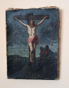 Antico olio su tela ,raffigurante crocifissione cristo XVIII secolo