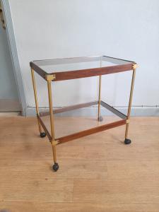 CARRELLO BAR IN LEGNO E OTTONE CON DOPPIO RIPIANO IN VETRO ANNI 60-70