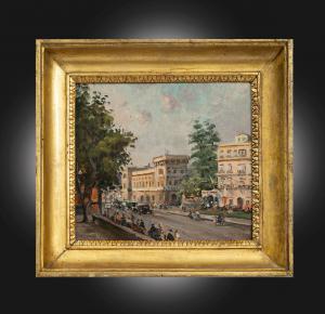 Antique oil painting on board depicting Via Chiaia in Naples, signed De Corsi. 19th century.