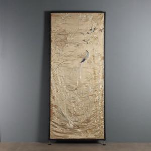 Large Embroidered Silk Screen, 19th Century