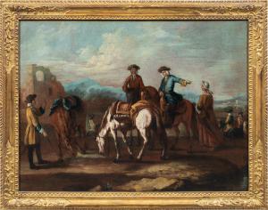 Giuseppe Zais (Forno di Canale 1709 - Treviso 1784) - Paesaggio con cavalieri in sosta.