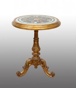 Antique Louis Philippe giltwood table with inlaid marble top. France, 19th century.