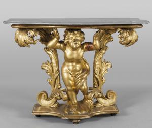 Louis XIV Konsole aus geschnitztem und vergoldetem Holz mit Putte als Tischplattenhalter, Rom, 18. Jahrhundert