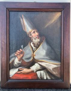 Ölgemälde auf Leinwand, das einen Bischof mit Mitra und Feder darstellt.