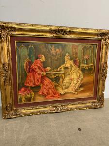 Ölgemälde auf Leinwand, Kardinal und Dame spielen Schach 96x76, Mironi 1950