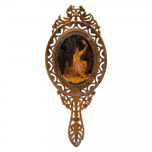 Carved, inlaid and pyrography wooden hand mirror. Sorrento, 19th century.