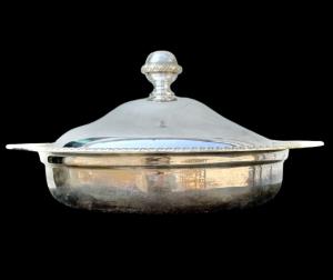 Sheffield metal soup tureen-vegetable dish with tourchon edge. Signature Sisini. Bologna.