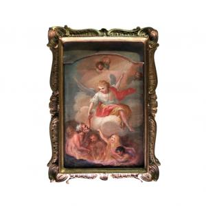 Ölgemälde auf Leinwand, das einen Engel darstellt, der den Seelen im Fegefeuer den Weg zu Gott weist. Angepasster, nicht zeitgenössischer Rahmen. Italien.