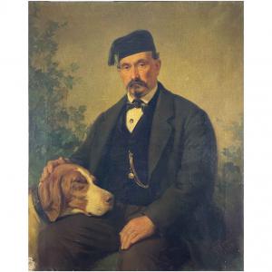 Gentleman with Bracco Dog 1868 Italian Neoclassical Portrait By Penuti Giuseppe