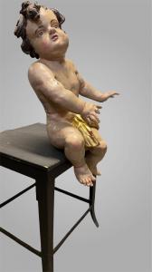 Carved and Polychrome Wood Sculpture – Putto / Curtain-Holder Angel - late 17th, early 18th century.