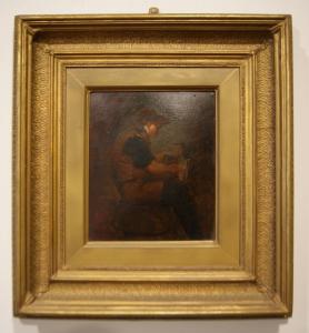 Olio su tavola francese del 1800 Uomo con giornale 