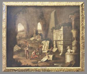 Henrick Van Lint (attr.), Scene with figures among classical antiquities