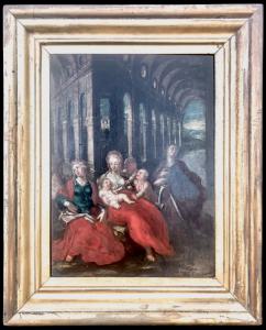 Dipinto olio su tavola Madonna con Bambino e personaggi con architetture.Cornice dell’800.