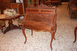 French Louis Philippe style drop-front desk in rosewood with rich carvings