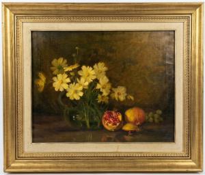 STILL LIFE WITH YELLOW DAISIES, POMEGRANATE AND FRUIT" - OIL ON CANVAS - 20TH CENTURY