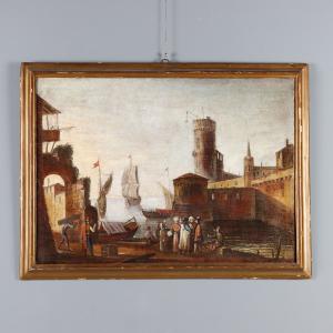 Oil on canvas. 18th-century Central European school. Mediterranean port scene.