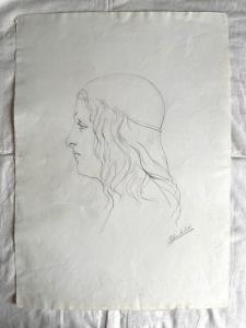 Desenho a lápis sobre papel, rosto de mulher renascentista. Arturo Pietra. Bolonha.