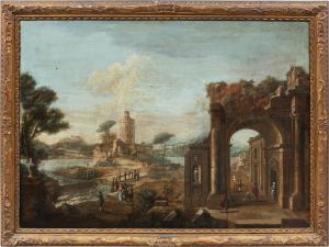 Francesco Battaglioli (Modena 1710 ca. - Venezia post 1796) - Capriccio architettonico con personaggi.
